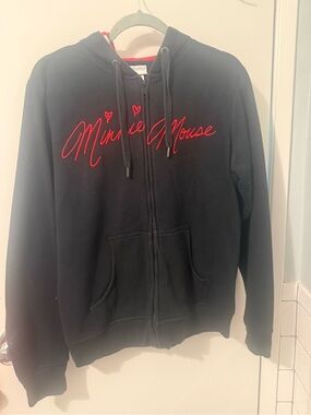 Disney Womens Black Zip-Up Hoodie with Red 'Minnie Mouse' Script